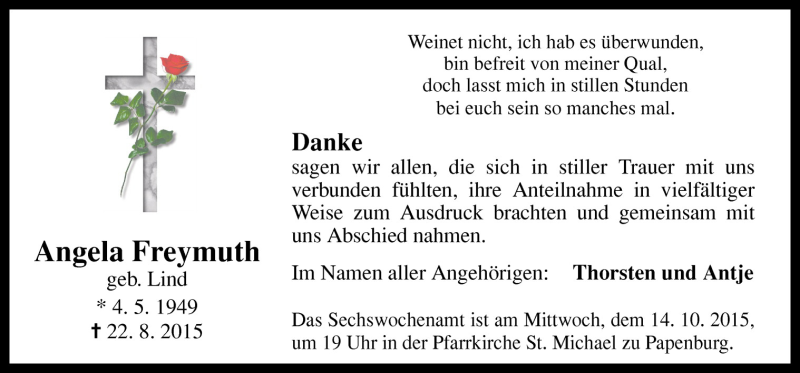  Traueranzeige für Angela Freymuth vom 10.10.2015 aus Neue Osnabrücker Zeitung GmbH & Co. KG