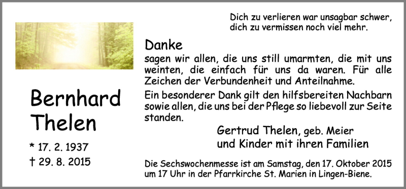  Traueranzeige für Bernhard Thelen vom 14.10.2015 aus Neue Osnabrücker Zeitung GmbH & Co. KG