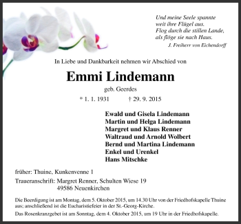 Traueranzeige von Emmi Lindemann von Neue Osnabrücker Zeitung GmbH & Co. KG