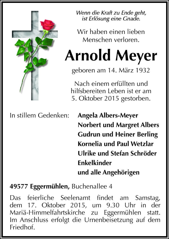  Traueranzeige für Arnold Meyer vom 13.10.2015 aus Neue Osnabrücker Zeitung GmbH & Co. KG