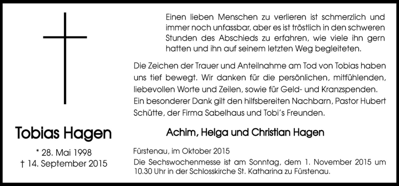  Traueranzeige für Tobias Hagen vom 31.10.2015 aus Neue Osnabrücker Zeitung GmbH & Co. KG