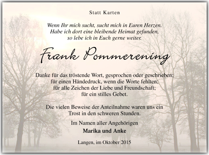  Traueranzeige für Frank Pommerening vom 31.10.2015 aus Neue Osnabrücker Zeitung GmbH & Co. KG