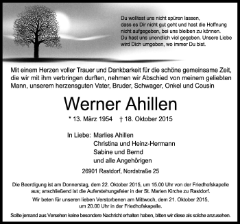 Traueranzeige von Werner Ahillen von Neue Osnabrücker Zeitung GmbH & Co. KG
