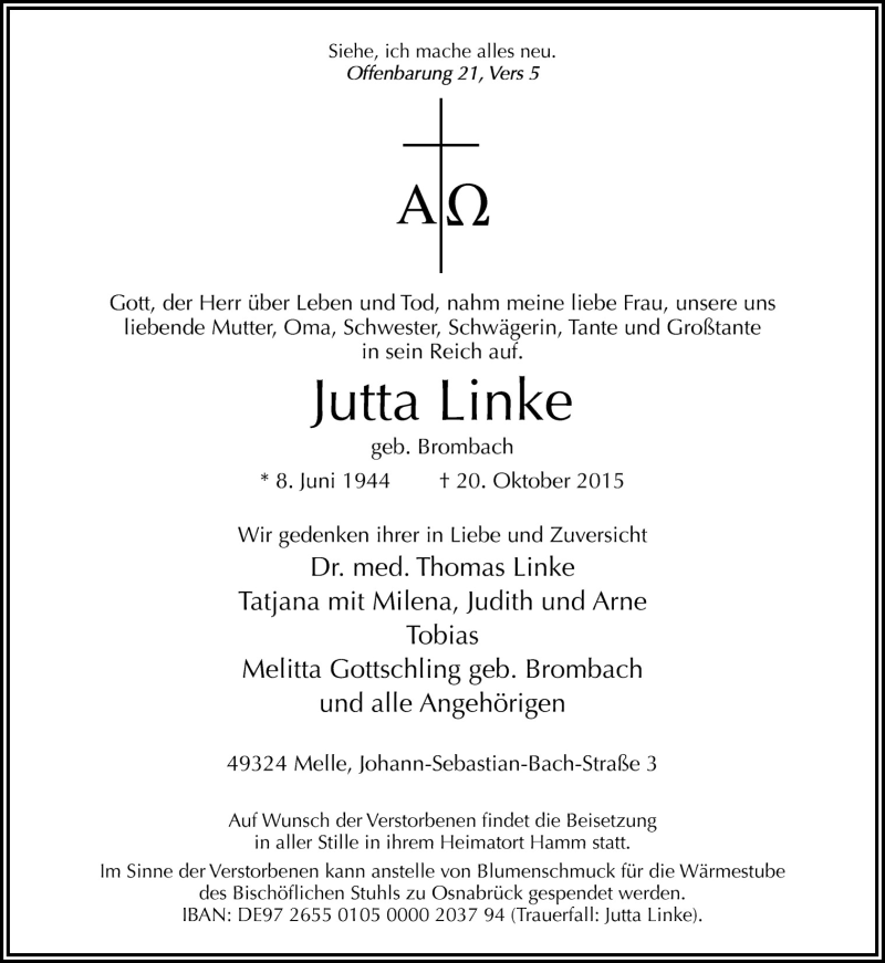  Traueranzeige für Jutta Linke vom 24.10.2015 aus Neue Osnabrücker Zeitung GmbH & Co. KG