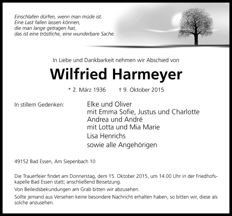  Traueranzeige für Wilfried Harmeyer vom 12.10.2015 aus Neue Osnabrücker Zeitung GmbH & Co. KG