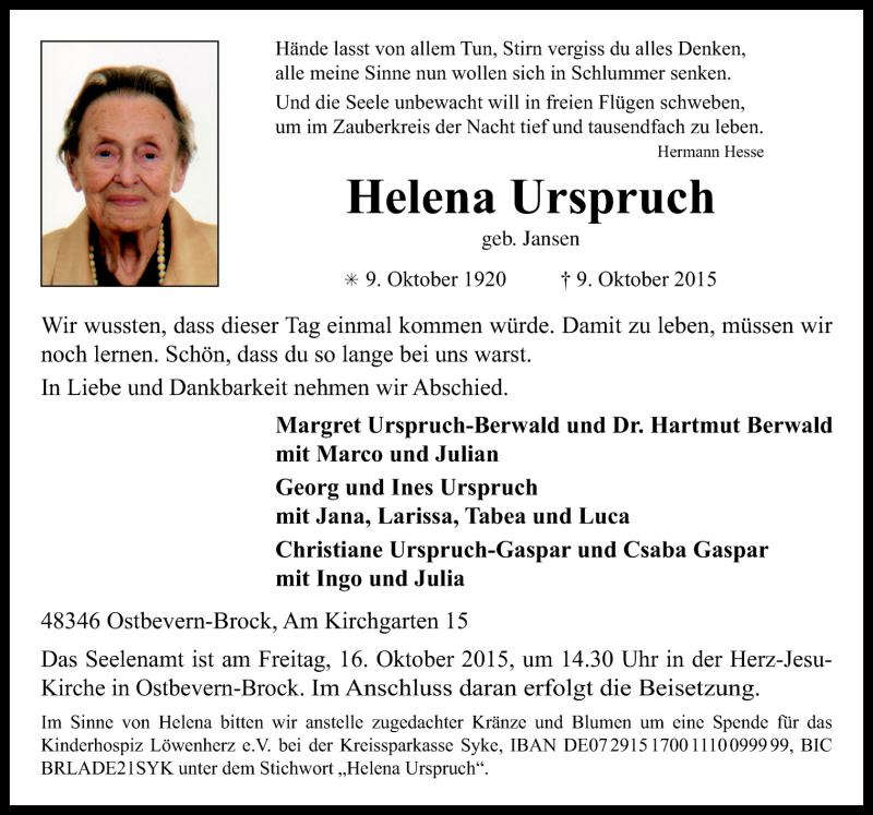  Traueranzeige für Helena Urspruch vom 13.10.2015 aus Neue Osnabrücker Zeitung GmbH & Co. KG