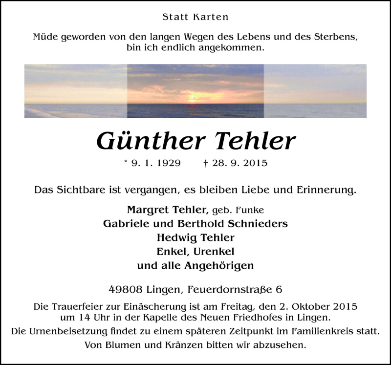 Traueranzeige für Günther Tehler vom 01.10.2015 aus Neue Osnabrücker Zeitung GmbH & Co. KG