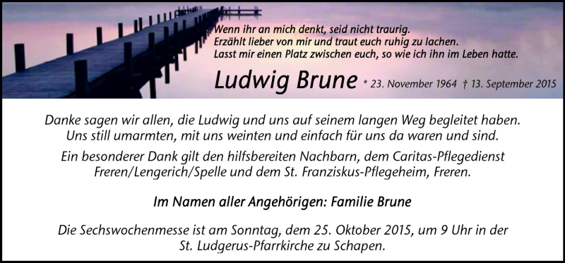 Traueranzeige für Ludwig Brune vom 22.10.2015 aus Neue Osnabrücker Zeitung GmbH & Co. KG