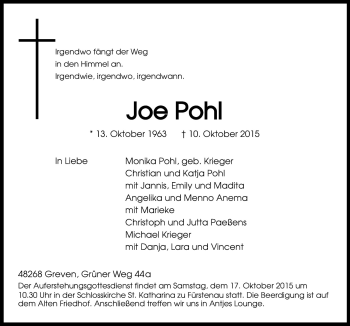 Traueranzeige von Joe Pohl von Neue Osnabrücker Zeitung GmbH & Co. KG