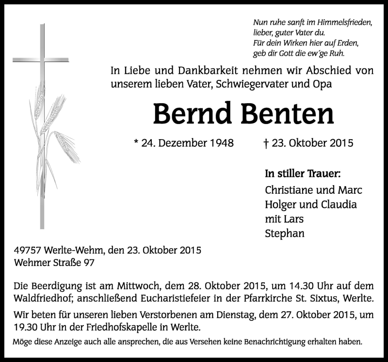  Traueranzeige für Bernd Benten vom 26.10.2015 aus Neue Osnabrücker Zeitung GmbH & Co. KG