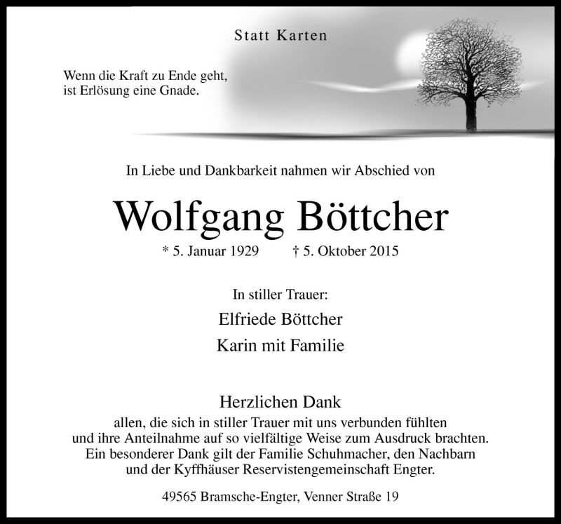  Traueranzeige für Wolfgang Böttcher vom 14.10.2015 aus Neue Osnabrücker Zeitung GmbH & Co. KG