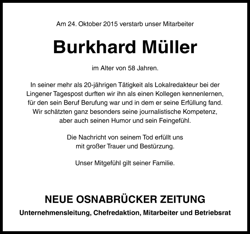  Traueranzeige für Burkhard Müller vom 28.10.2015 aus Neue Osnabrücker Zeitung GmbH & Co. KG