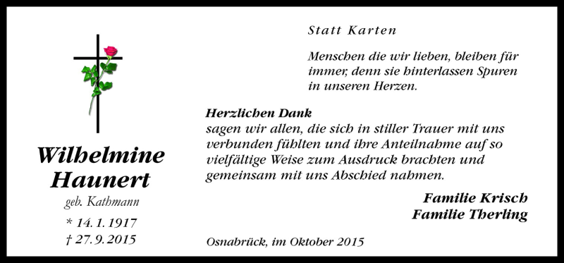  Traueranzeige für Wilhelmine Haunert vom 17.10.2015 aus Neue Osnabrücker Zeitung GmbH & Co. KG