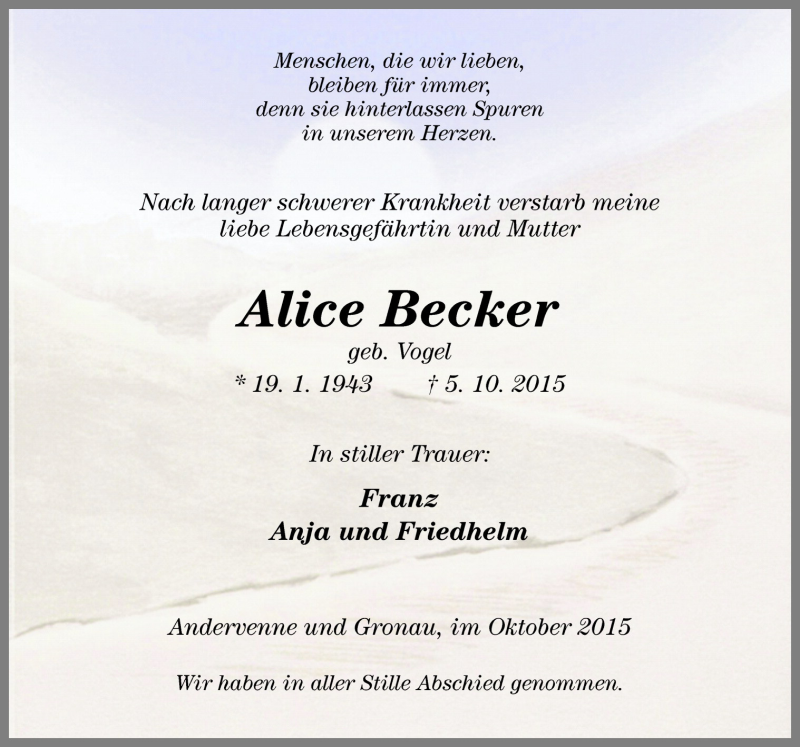  Traueranzeige für Alice Becker vom 12.10.2015 aus Neue Osnabrücker Zeitung GmbH & Co. KG