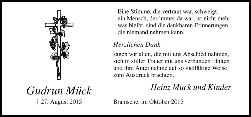 Traueranzeige für Gudrun Mück vom 10.10.2015 aus Neue Osnabrücker Zeitung GmbH & Co. KG