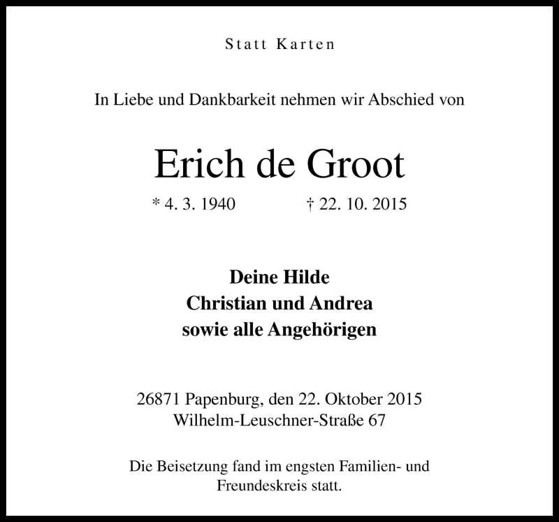  Traueranzeige für Erich de Groot vom 31.10.2015 aus Neue Osnabrücker Zeitung GmbH & Co. KG
