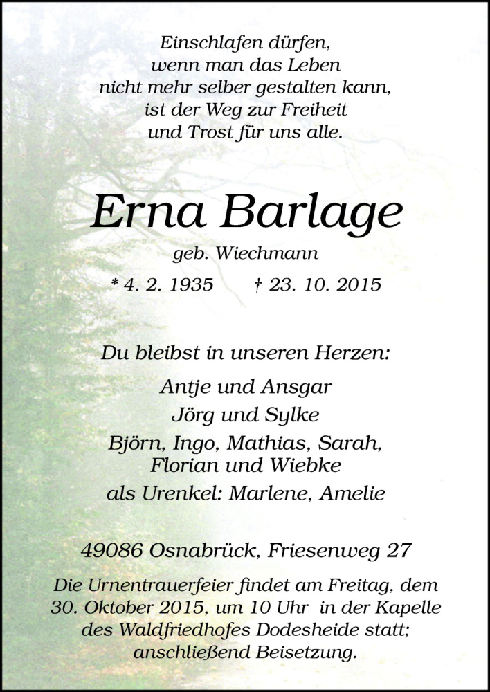  Traueranzeige für Erna Barlage vom 26.10.2015 aus Neue Osnabrücker Zeitung GmbH & Co. KG