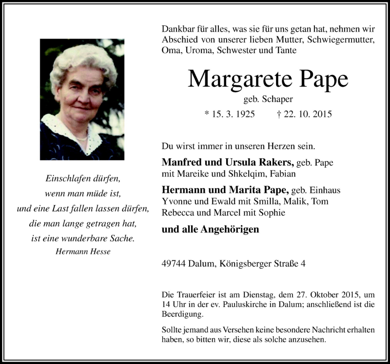  Traueranzeige für Margarete Pape vom 24.10.2015 aus Neue Osnabrücker Zeitung GmbH & Co. KG
