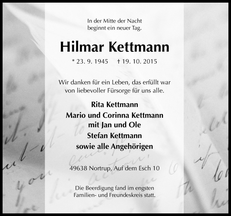  Traueranzeige für Hilmar Kettmann vom 24.10.2015 aus Neue Osnabrücker Zeitung GmbH & Co. KG
