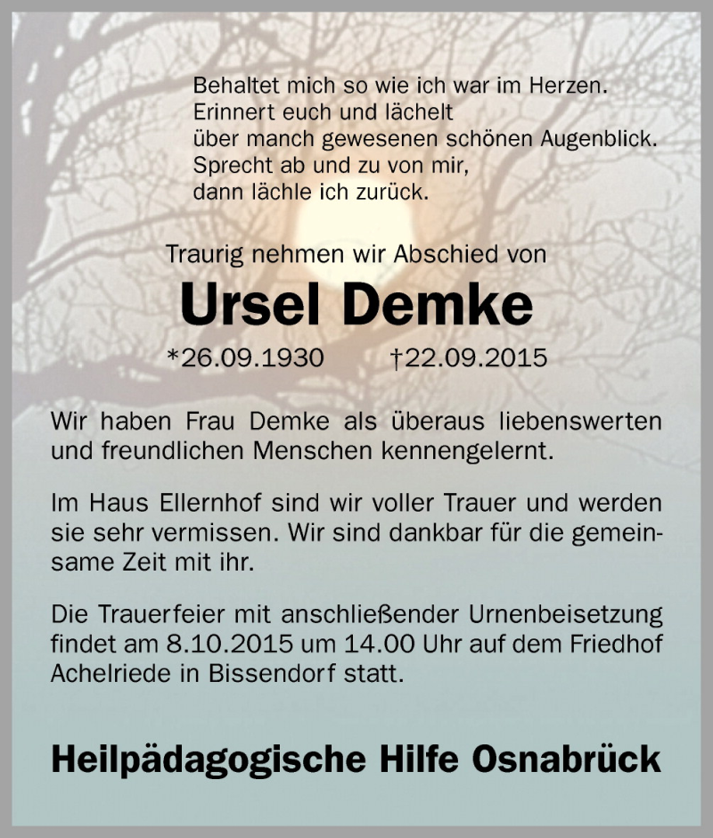  Traueranzeige für Ursel Demke vom 05.10.2015 aus Neue Osnabrücker Zeitung GmbH & Co. KG