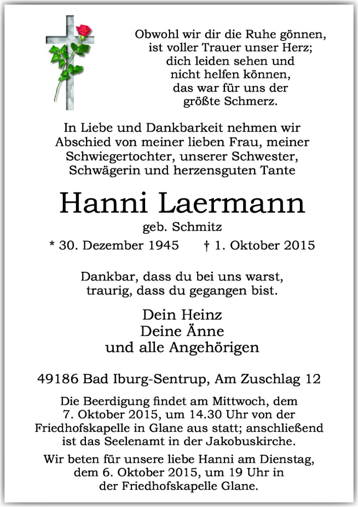  Traueranzeige für Hanni Laermann vom 05.10.2015 aus Neue Osnabrücker Zeitung GmbH & Co. KG
