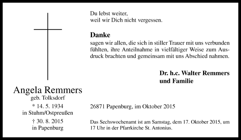  Traueranzeige für Angela Remmers vom 14.10.2015 aus Neue Osnabrücker Zeitung GmbH & Co. KG