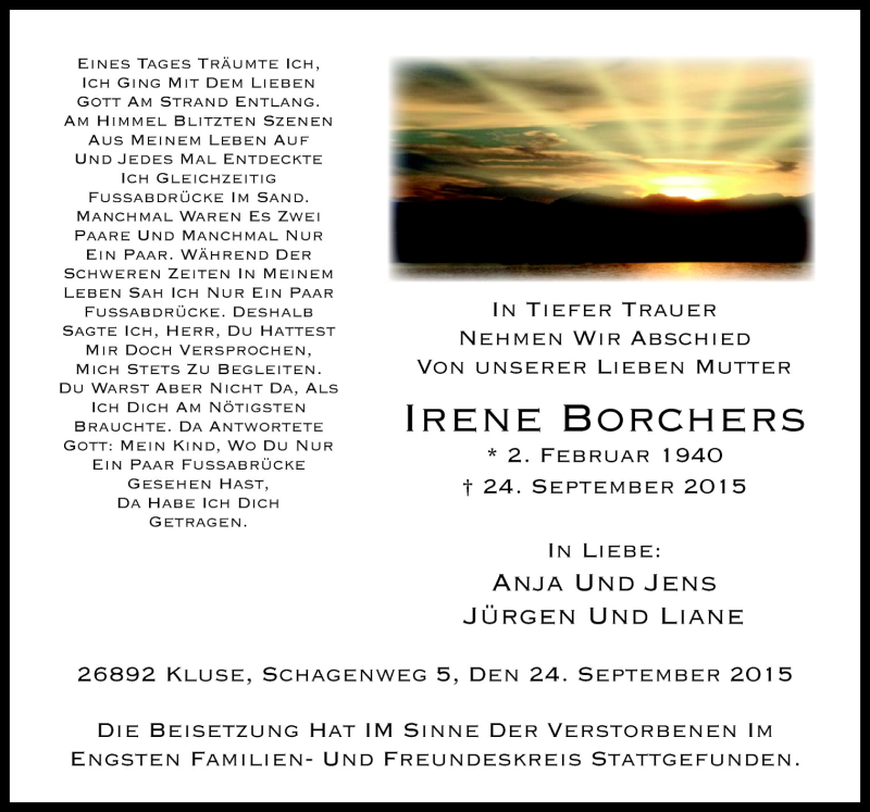  Traueranzeige für Irene Borchers vom 01.10.2015 aus Neue Osnabrücker Zeitung GmbH & Co. KG