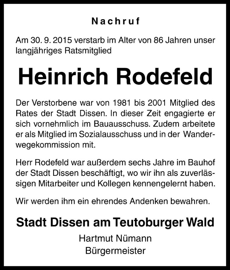  Traueranzeige für Heinrich Rodefeld vom 13.10.2015 aus Neue Osnabrücker Zeitung GmbH & Co. KG