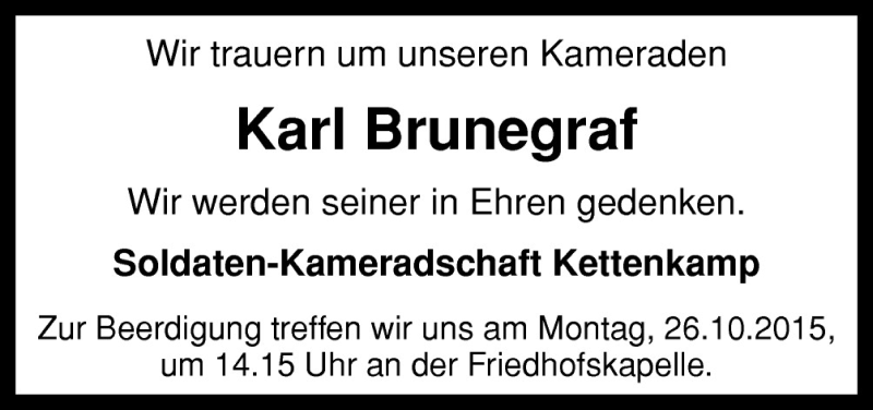  Traueranzeige für Karl Brunegraf vom 24.10.2015 aus Neue Osnabrücker Zeitung GmbH & Co. KG