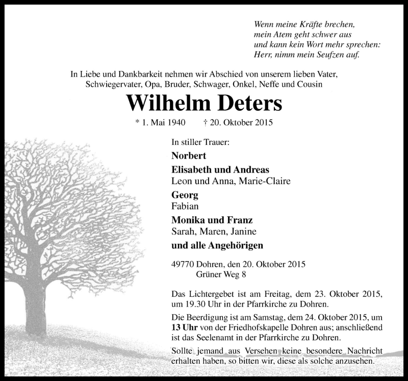  Traueranzeige für Wilhelm Deters vom 23.10.2015 aus Neue Osnabrücker Zeitung GmbH & Co. KG