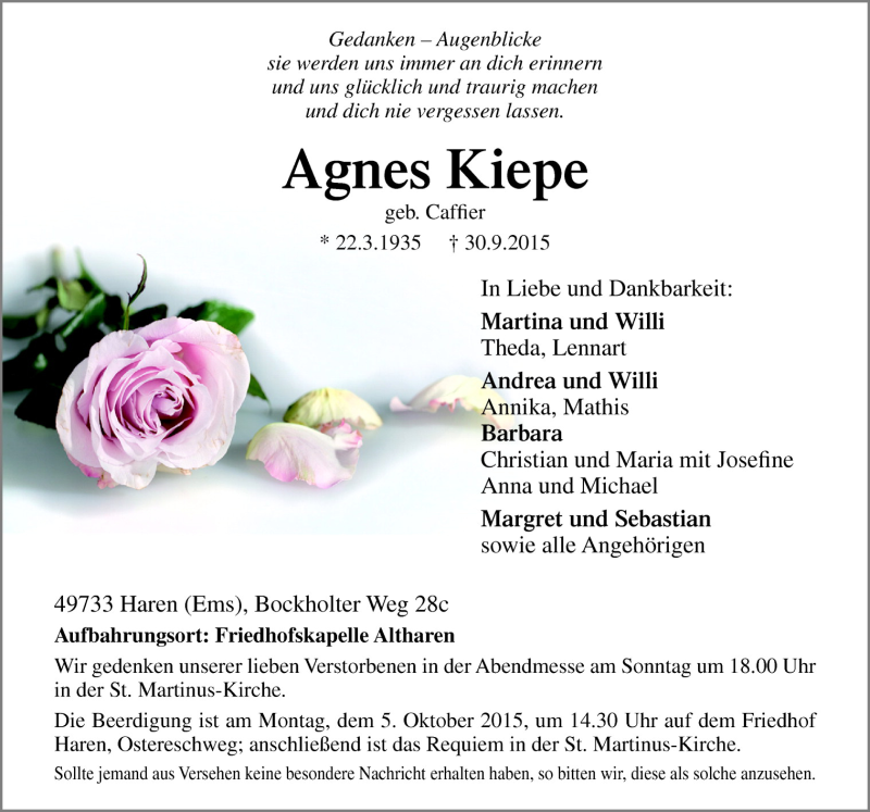  Traueranzeige für Agnes Kiepe vom 02.10.2015 aus Neue Osnabrücker Zeitung GmbH & Co. KG