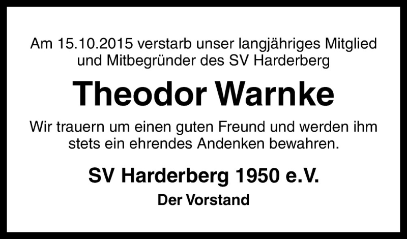  Traueranzeige für Theodor Warnke vom 23.10.2015 aus Neue Osnabrücker Zeitung GmbH & Co. KG