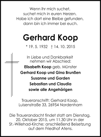 Traueranzeige von Gerhard Koop von Neue Osnabrücker Zeitung GmbH & Co. KG