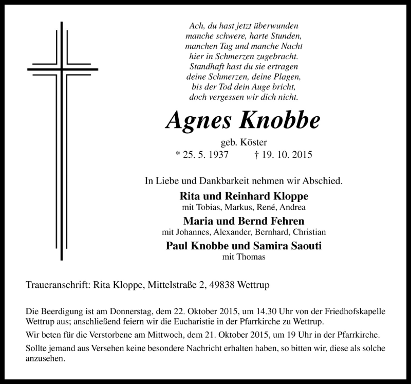  Traueranzeige für Agnes Knobbe vom 20.10.2015 aus Neue Osnabrücker Zeitung GmbH & Co. KG
