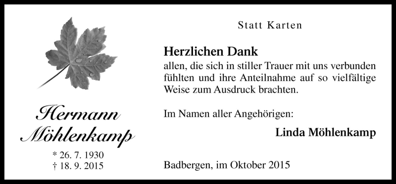  Traueranzeige für Hermann Möhlenkamp vom 31.10.2015 aus Neue Osnabrücker Zeitung GmbH & Co. KG