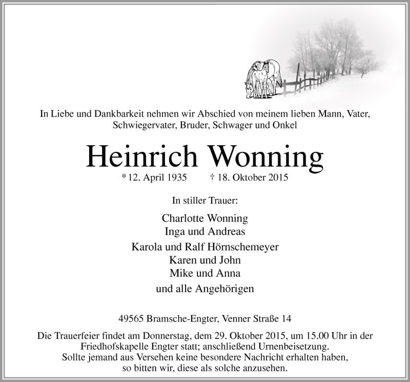 Traueranzeige für Heinrich Wonning vom 24.10.2015 aus Neue Osnabrücker Zeitung GmbH & Co. KG