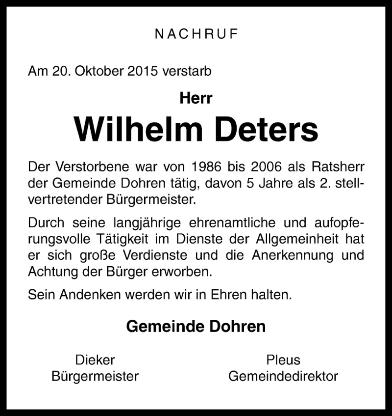  Traueranzeige für Wilhelm Deters vom 24.10.2015 aus Neue Osnabrücker Zeitung GmbH & Co. KG