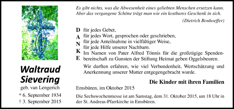  Traueranzeige für Waltraud Sievering vom 28.10.2015 aus Neue Osnabrücker Zeitung GmbH & Co. KG
