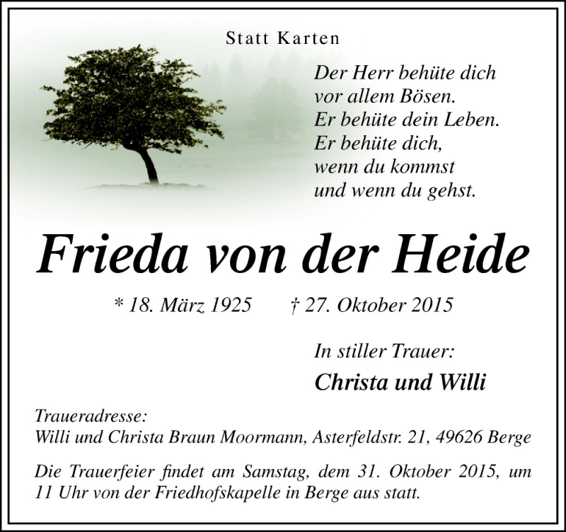  Traueranzeige für Frieda von der Heide vom 30.10.2015 aus Neue Osnabrücker Zeitung GmbH & Co. KG