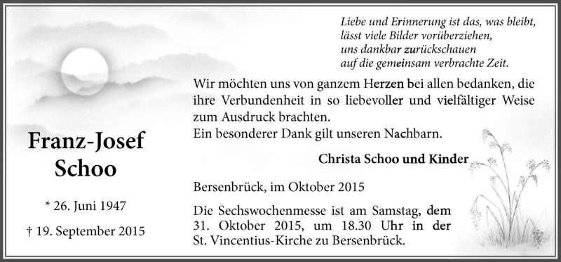  Traueranzeige für Franz-Josef Schoo vom 28.10.2015 aus Neue Osnabrücker Zeitung GmbH & Co. KG