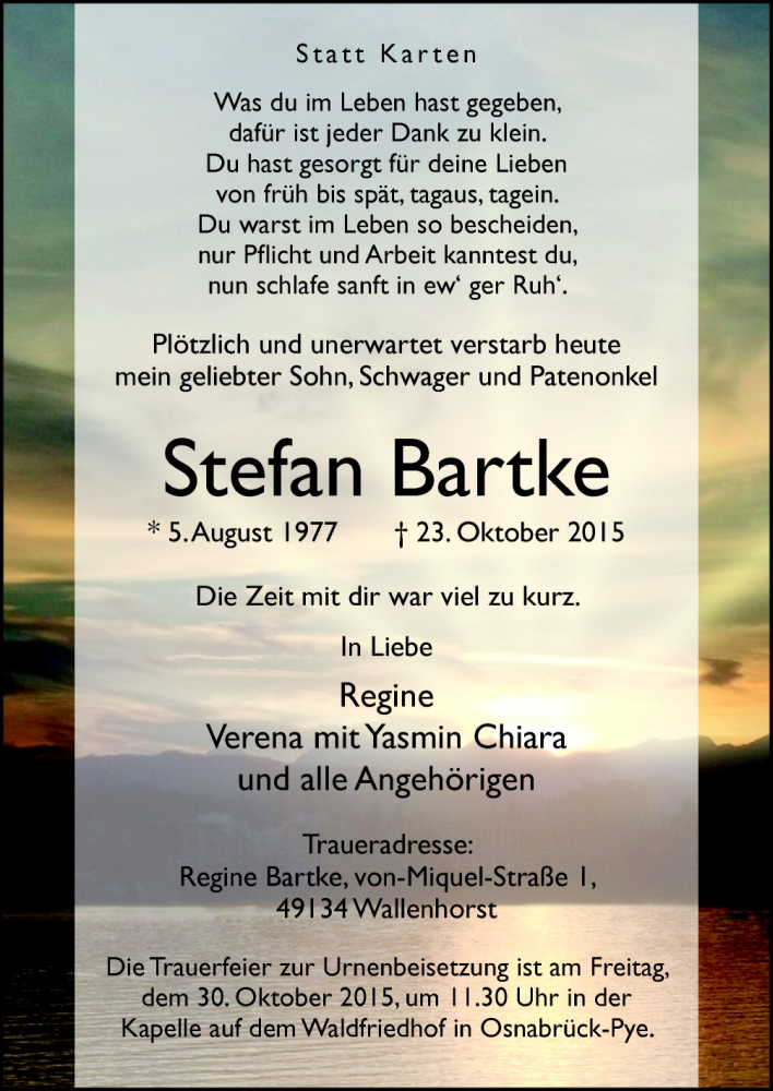  Traueranzeige für Stefan Bartke vom 28.10.2015 aus Neue Osnabrücker Zeitung GmbH & Co. KG