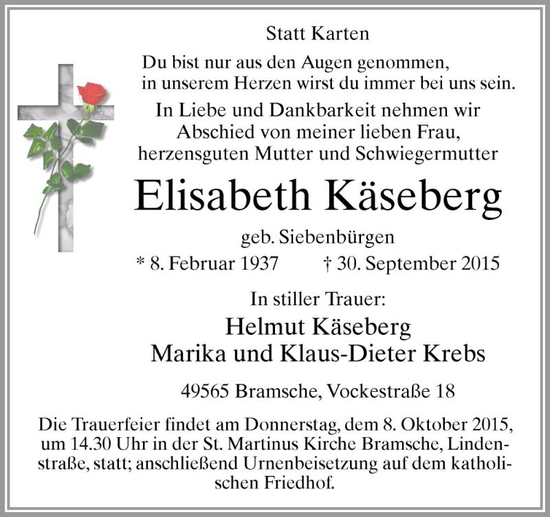  Traueranzeige für Elisabeth Käseberg vom 06.10.2015 aus Neue Osnabrücker Zeitung GmbH & Co. KG