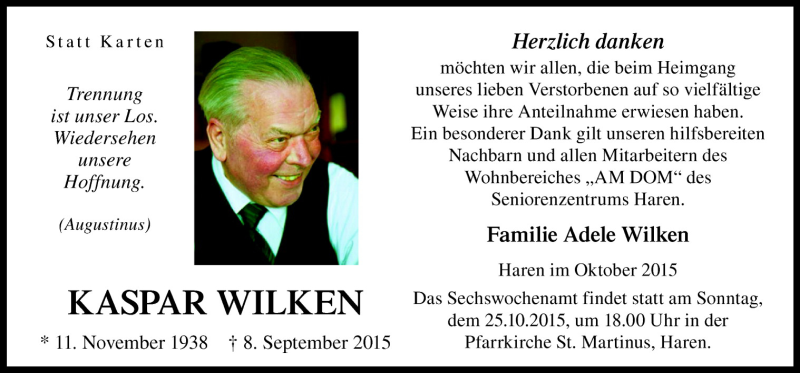  Traueranzeige für Kaspar Wilken vom 22.10.2015 aus Neue Osnabrücker Zeitung GmbH & Co. KG