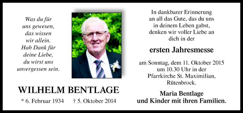  Traueranzeige für Wilhelm Bentlage vom 08.10.2015 aus Neue Osnabrücker Zeitung GmbH & Co. KG