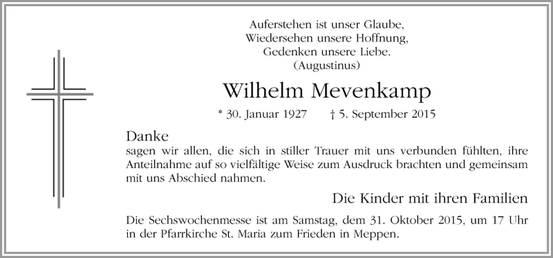 Traueranzeige für Wilhelm Mevenkamp vom 24.10.2015 aus Neue Osnabrücker Zeitung GmbH & Co. KG