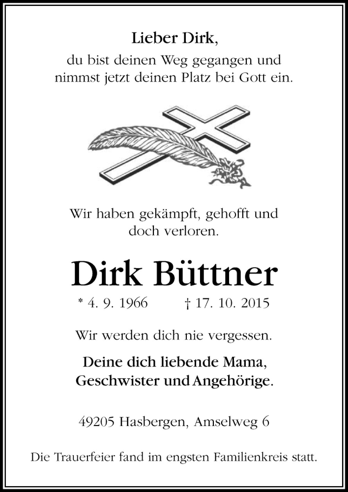  Traueranzeige für Dirk Büttner vom 31.10.2015 aus Neue Osnabrücker Zeitung GmbH & Co. KG