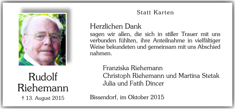  Traueranzeige für Rudolf  Riehemann vom 10.10.2015 aus Neue Osnabrücker Zeitung GmbH & Co. KG