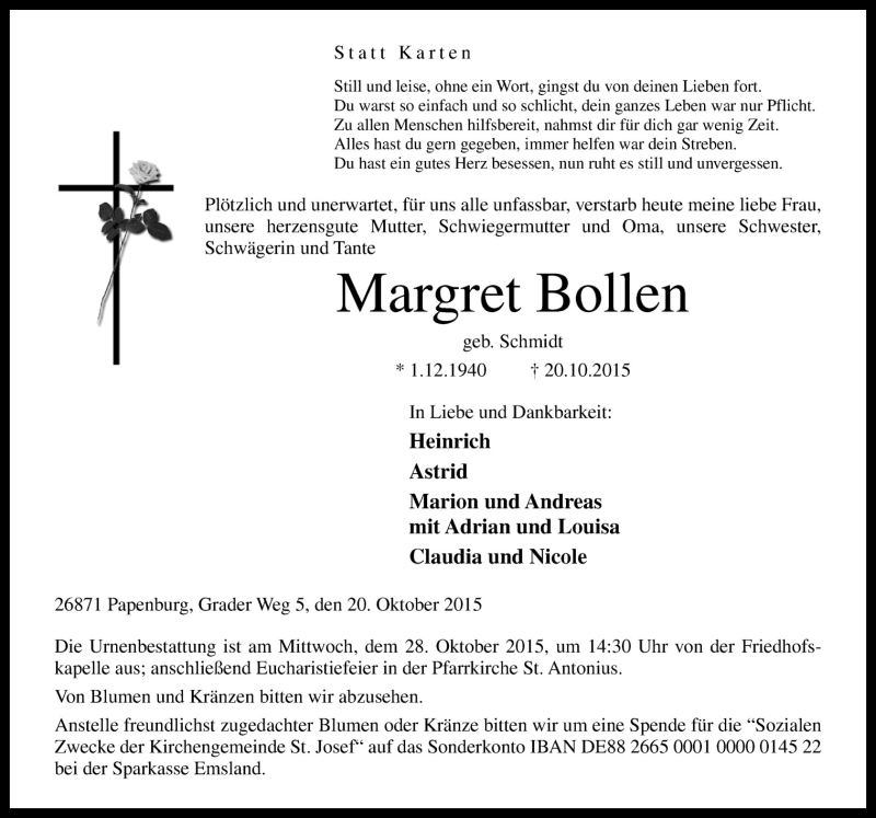  Traueranzeige für Margret Bollen vom 24.10.2015 aus Neue Osnabrücker Zeitung GmbH & Co. KG