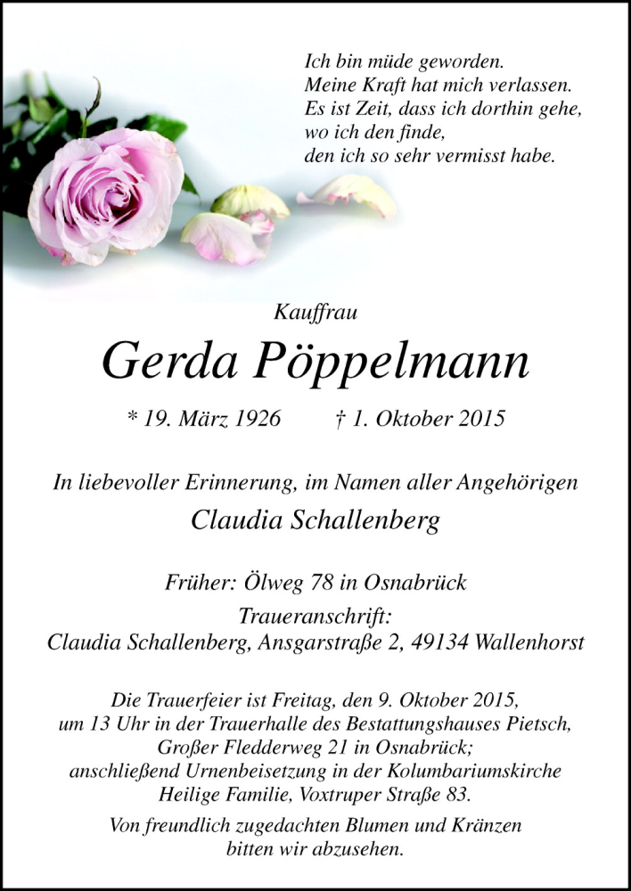  Traueranzeige für Gerda Pöppelmann vom 05.10.2015 aus Neue Osnabrücker Zeitung GmbH & Co. KG