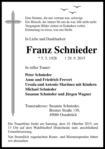 Traueranzeige von Franz Schnieder von Neue Osnabrücker Zeitung GmbH & Co. KG